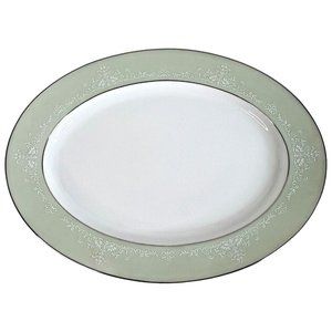 Noritake Maureen Serving Platter 6728 Green Rim White Scroll Silver Trim Japan